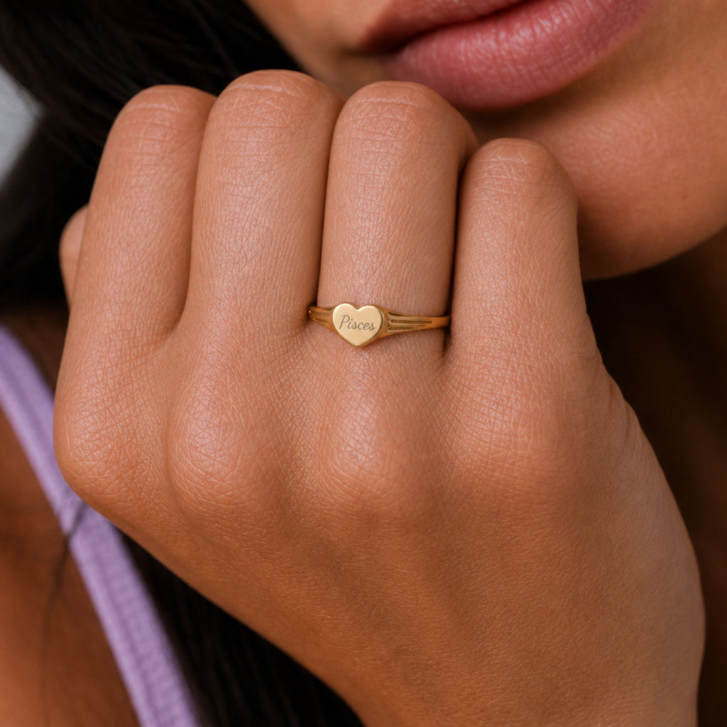 Pisces Signet Ring, Pisces Ring, Star Signet Ring, Heart Signet Ring