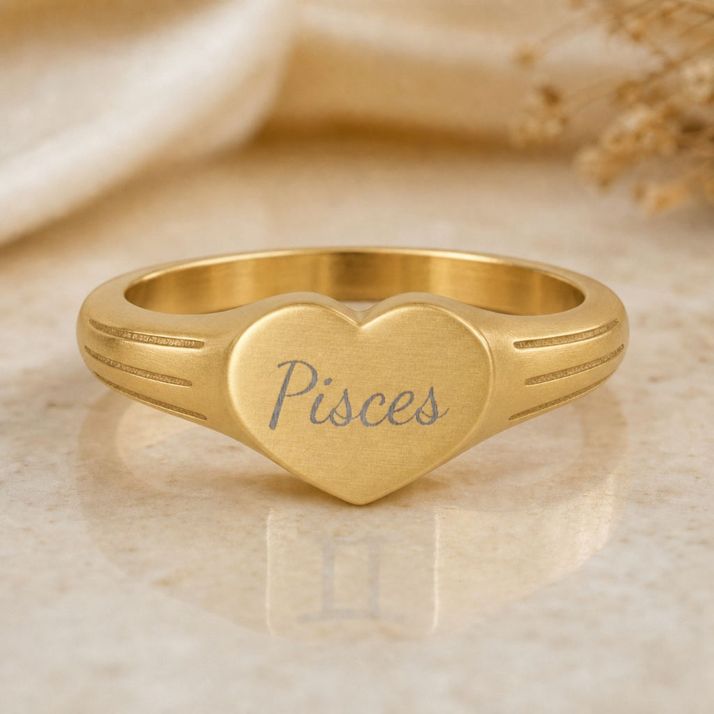 Pisces Signet Ring, Pisces Ring, Star Signet Ring, Heart Signet Ring