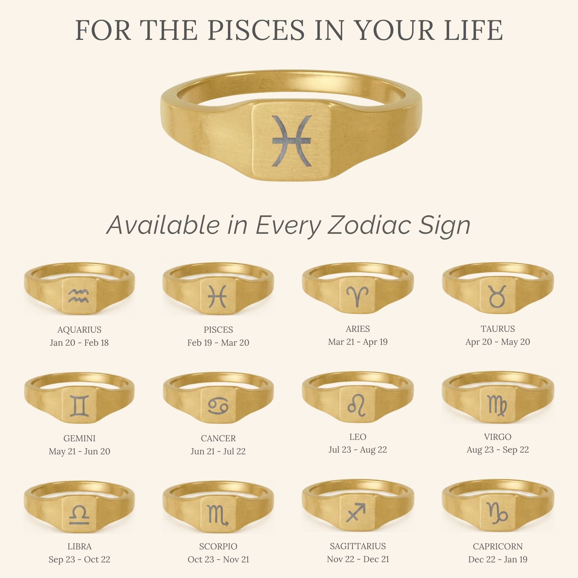 Pisces Signet Ring, Pisces Ring, Zodiac Signet Ring, Square Signet Ring