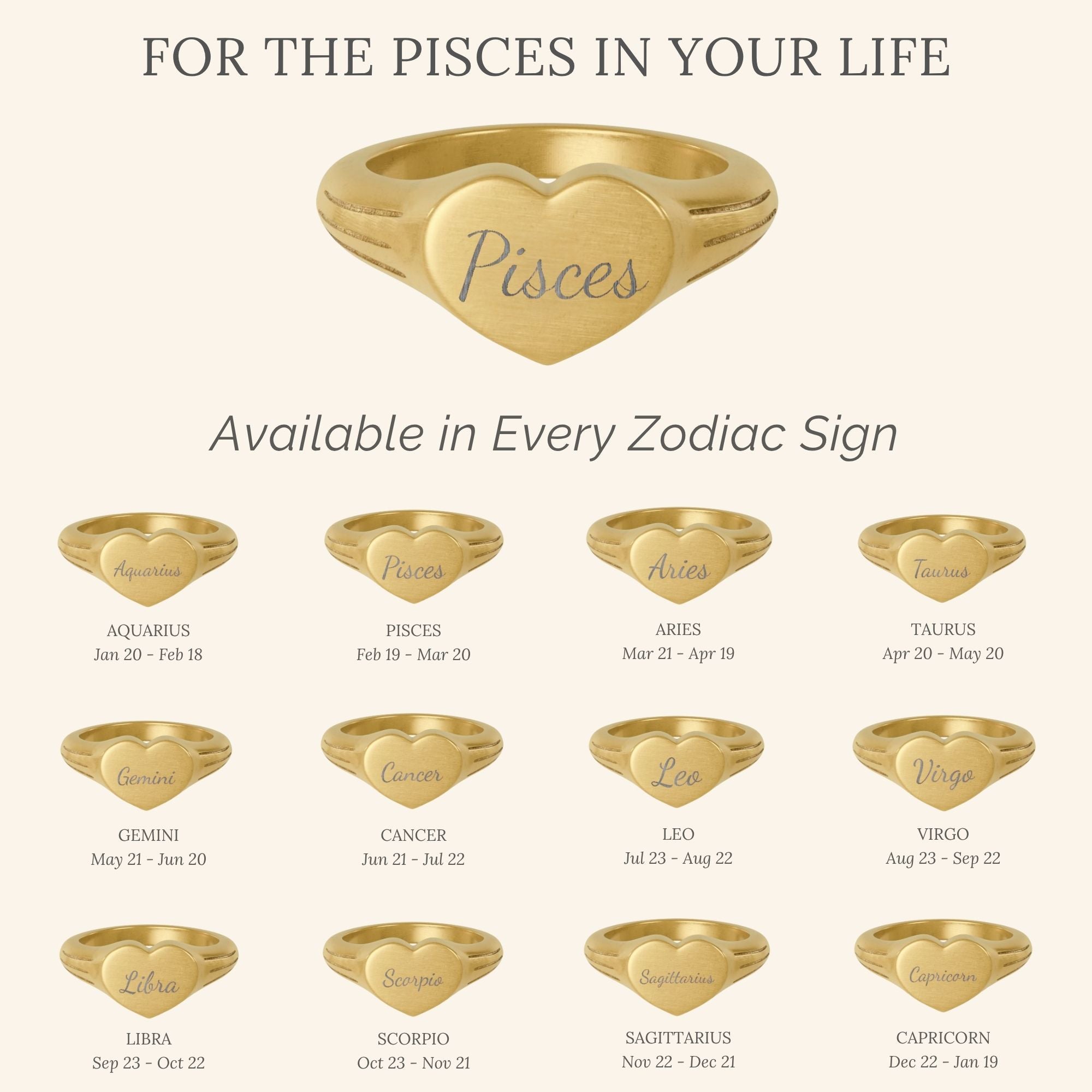 Pisces Signet Ring, Pisces Ring, Star Signet Ring, Heart Signet Ring