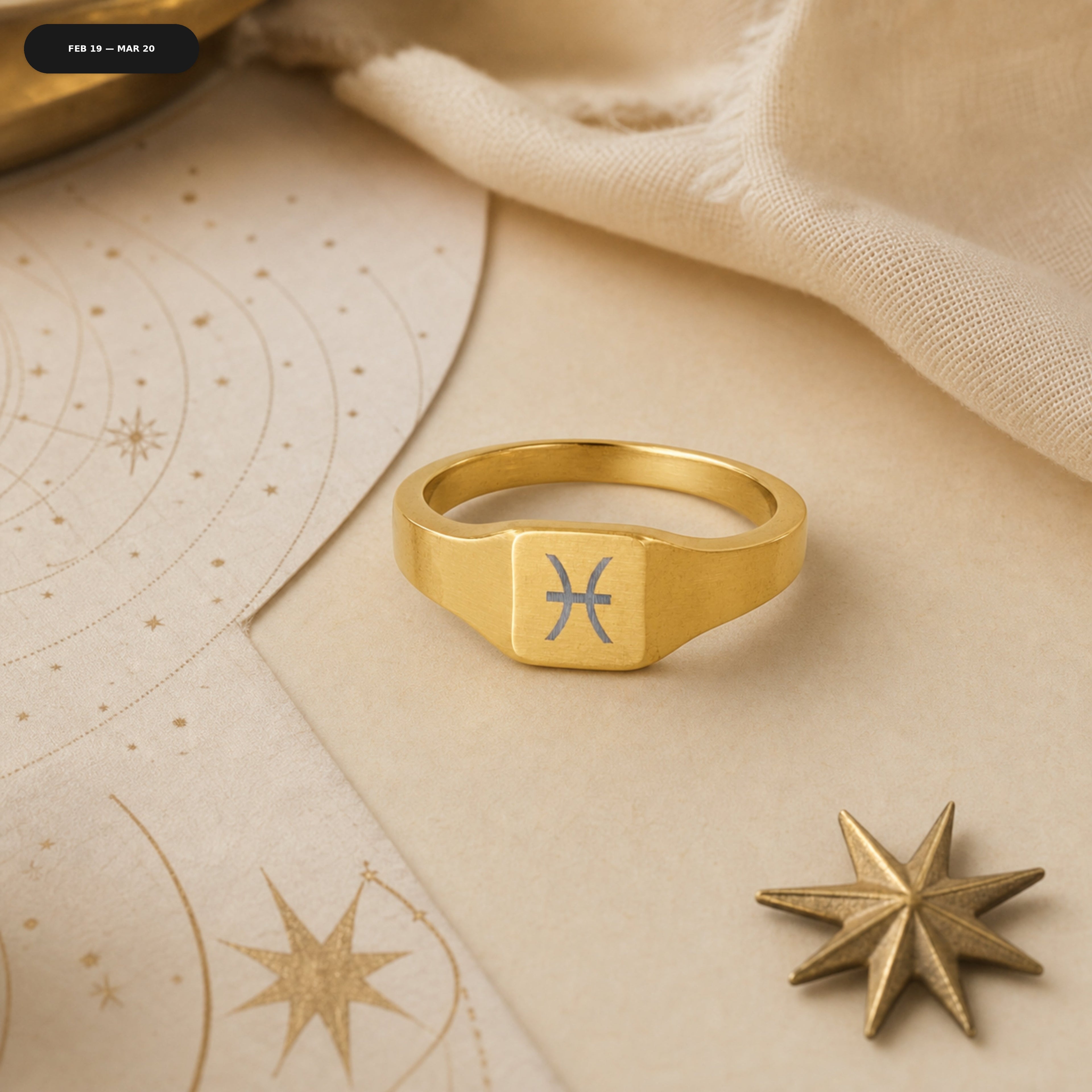 Pisces Square Ring - zodiac engraved pendant with date range