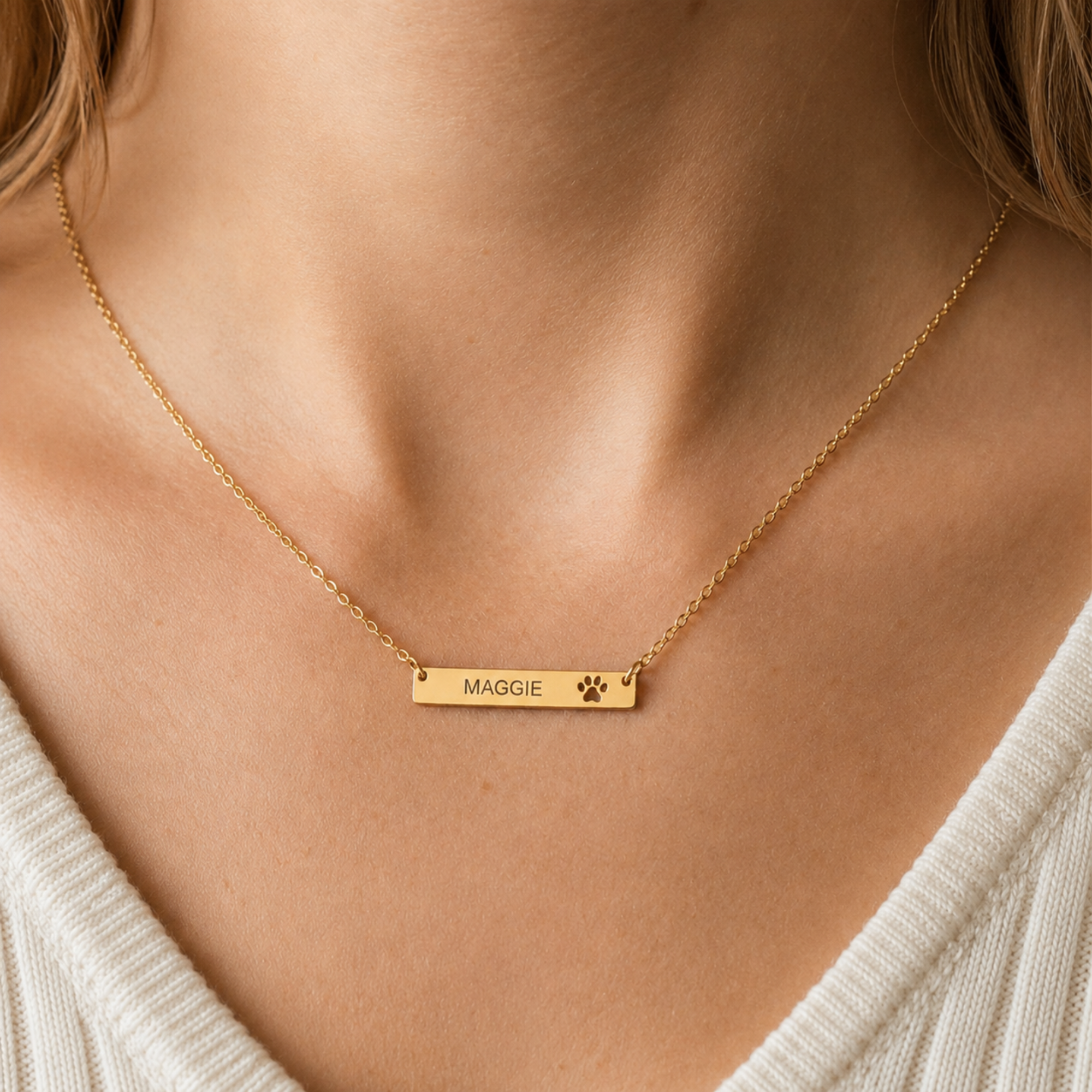 Personalized Pet Bar Necklace, Puppy Paw Pendant, Pawprint Necklace