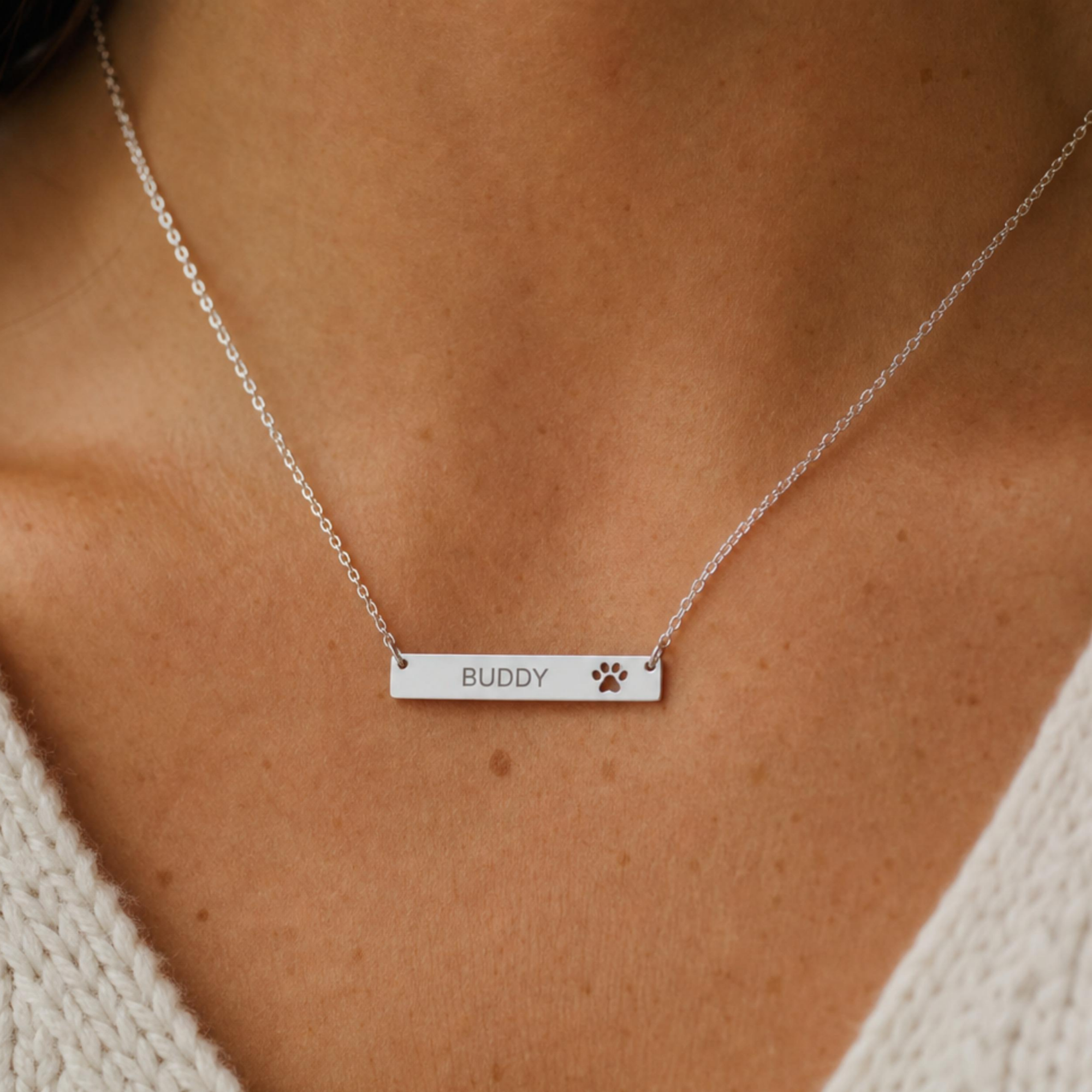 Personalized Pet Bar Necklace, Puppy Paw Pendant, Pawprint Necklace