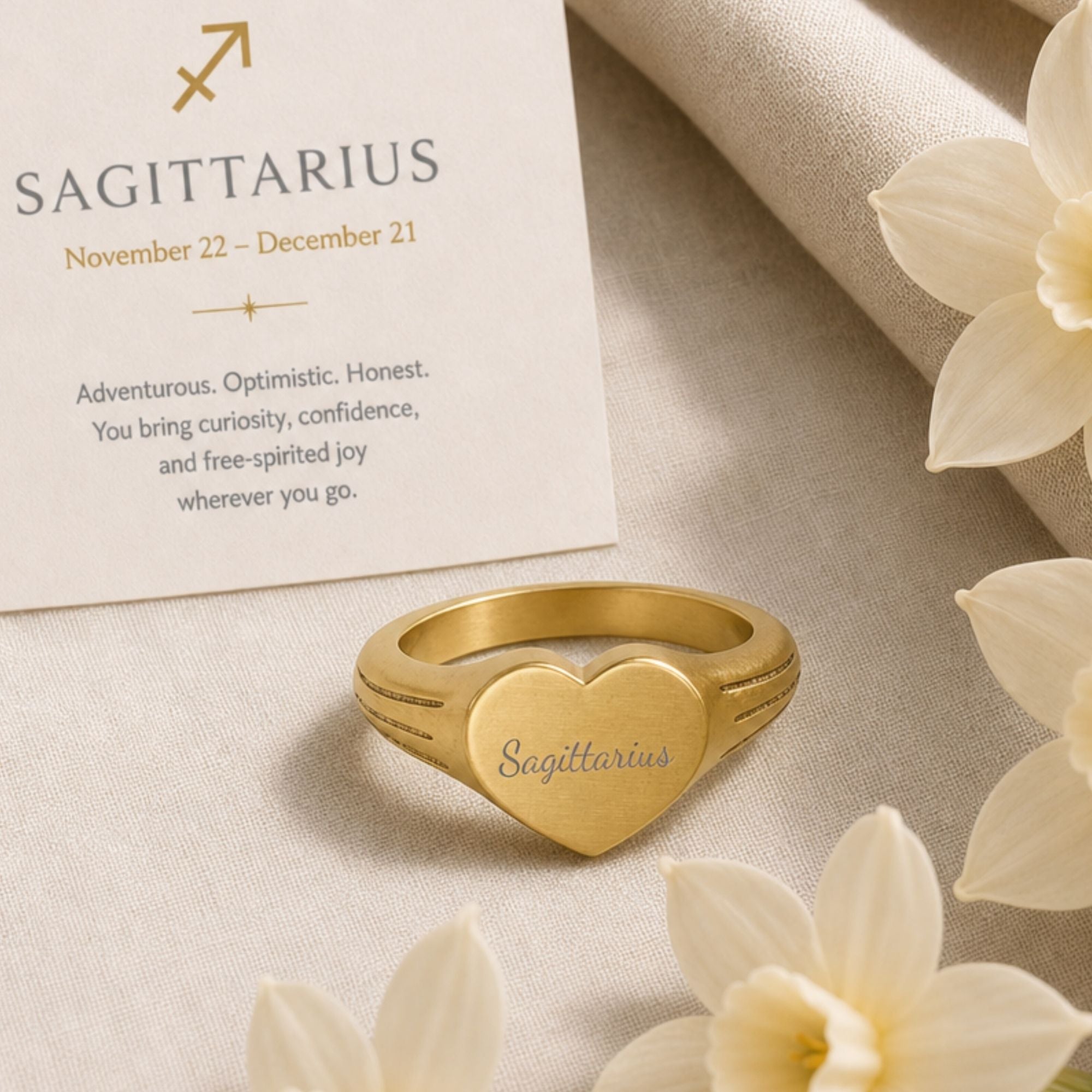 Sagittarius Ring, Star Signet Ring, Heart Signet Ring, Zodiac Signet Ring