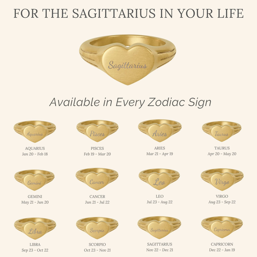 Sagittarius Ring, Star Signet Ring, Heart Signet Ring, Zodiac Signet Ring