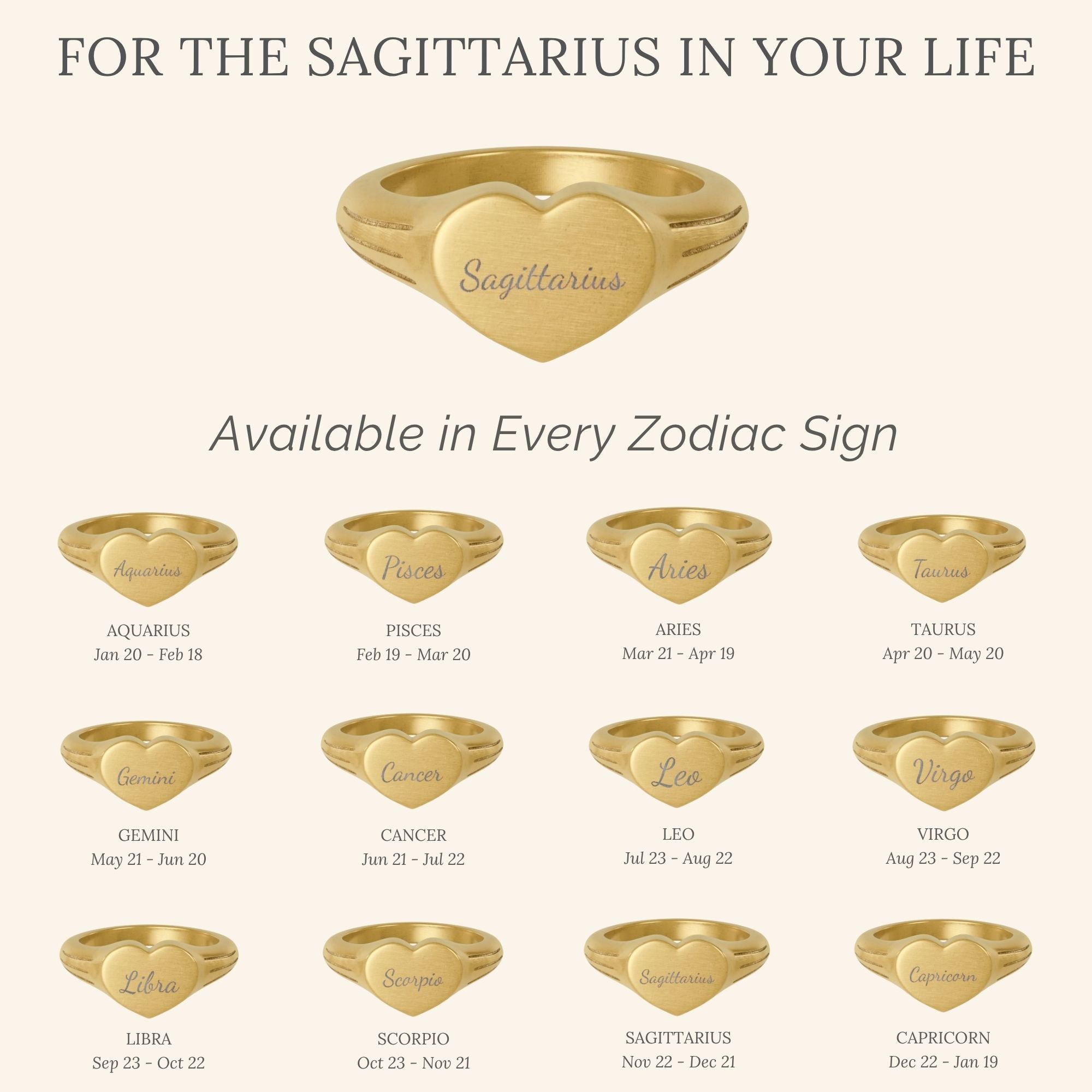 Sagittarius Ring, Star Signet Ring, Heart Signet Ring, Zodiac Signet Ring