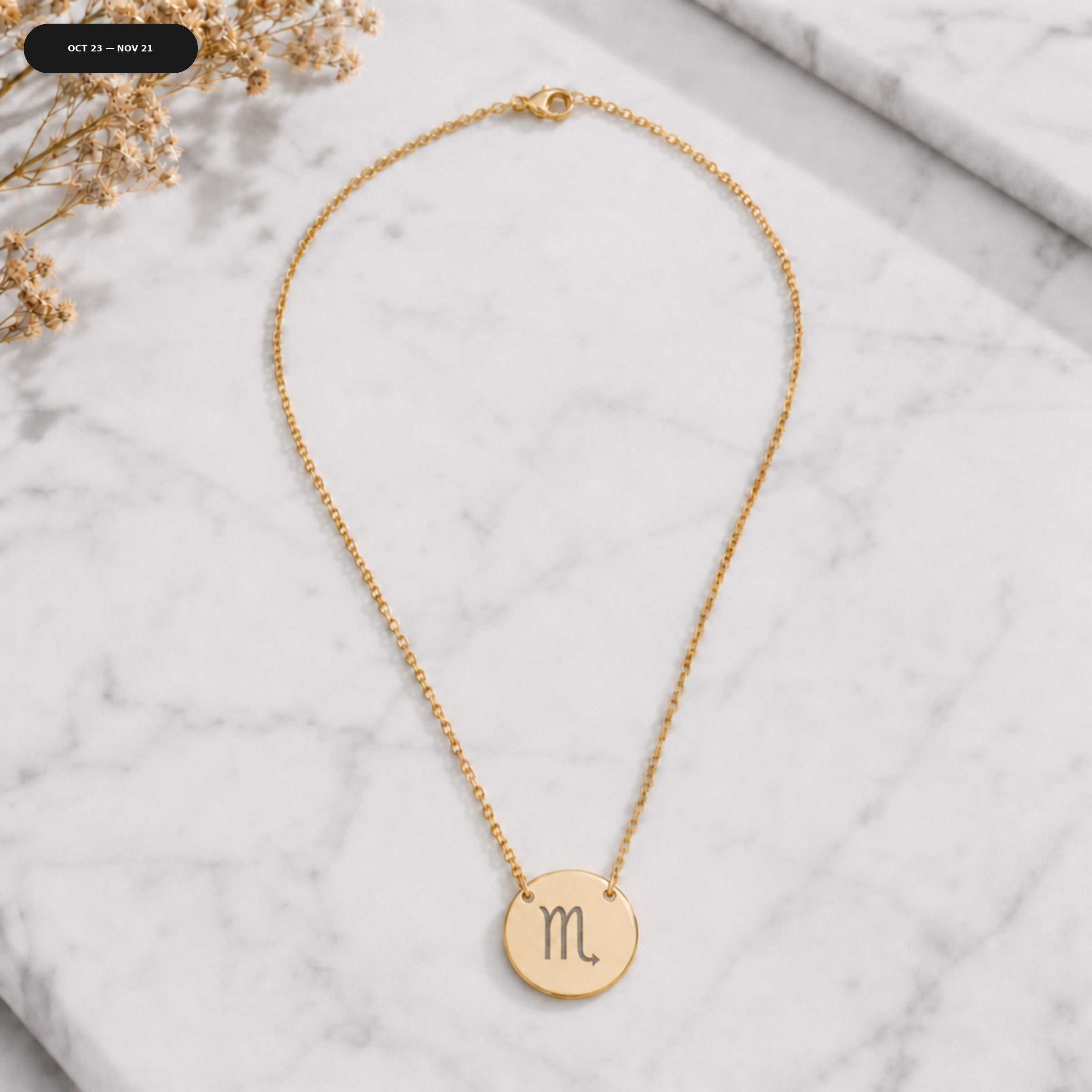 Scorpio Coin Necklace - zodiac engraved pendant with date range
