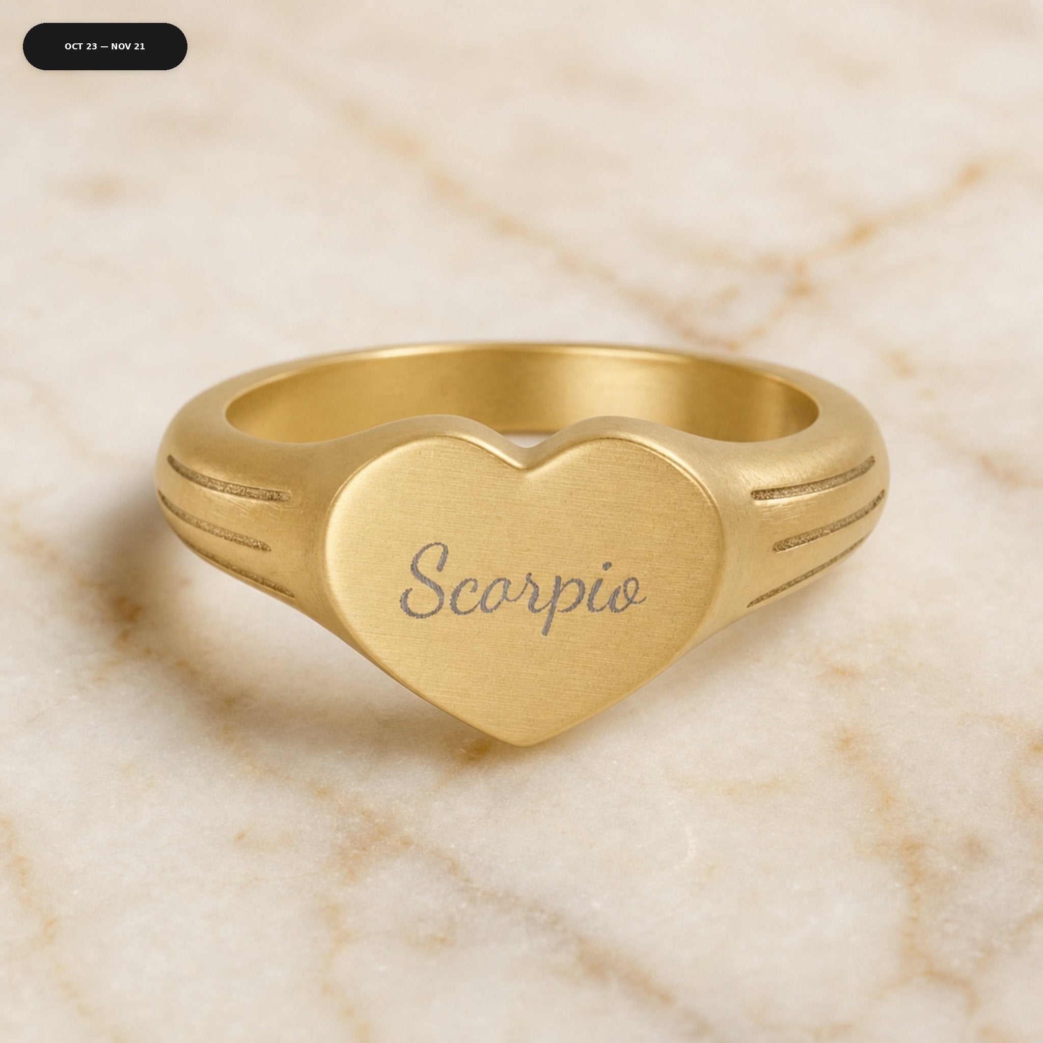 Scorpio Heart Signet Ring - zodiac engraved pendant with date range