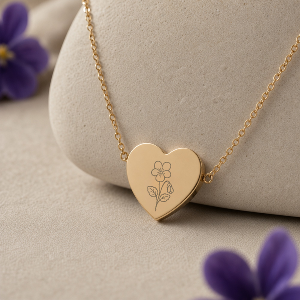 February birth flower Heart necklace — engraved with Violet