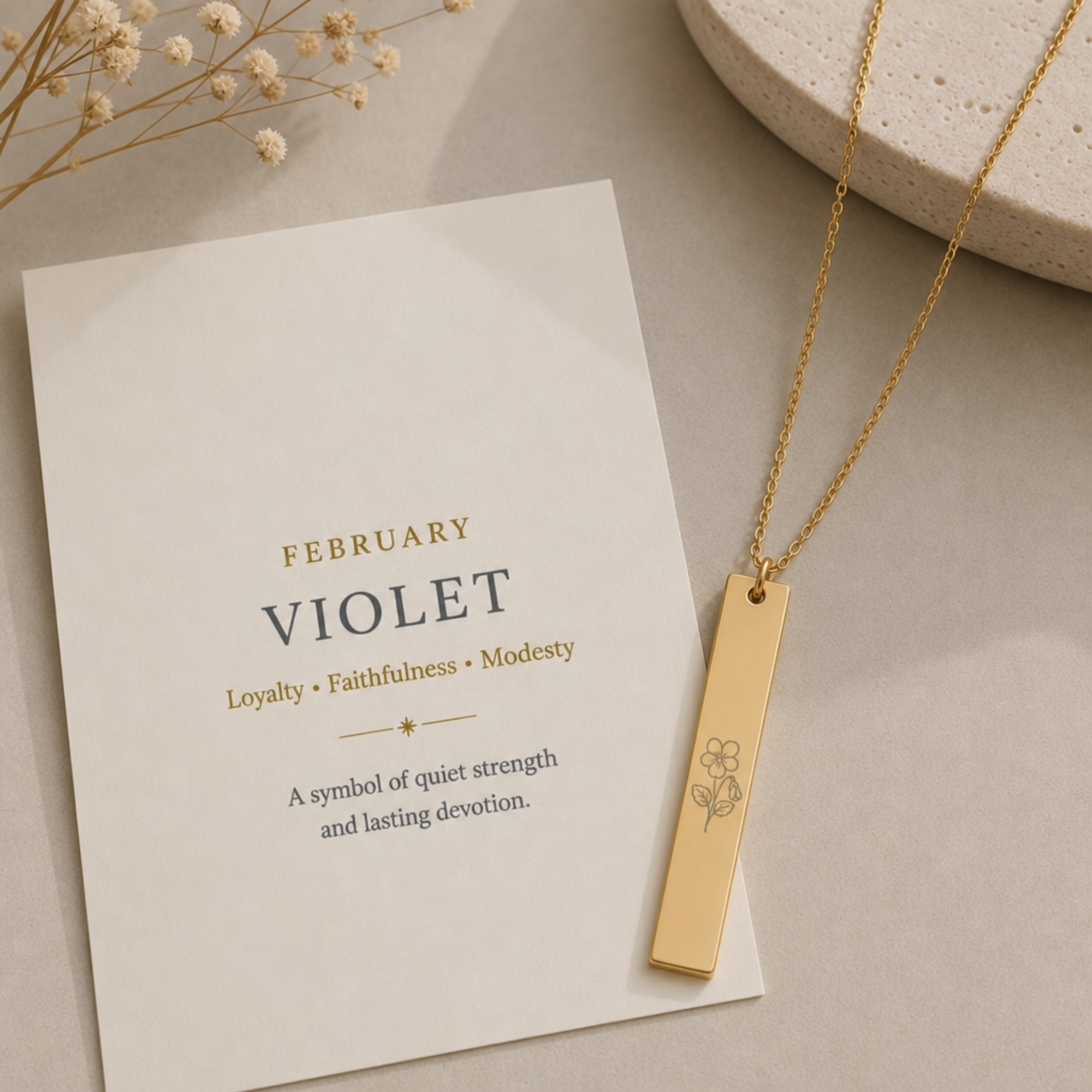 February Birth Flower Necklace, Violet Flower Necklace, Violet Flower Charm